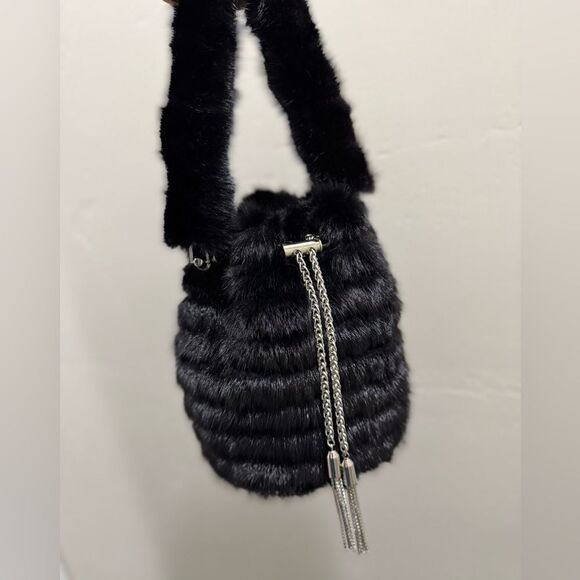 Black Multi Use Handmade Genuine Mink Fur & Drawstring Bucket Bag with 3 Straps - Picture 12 of 16